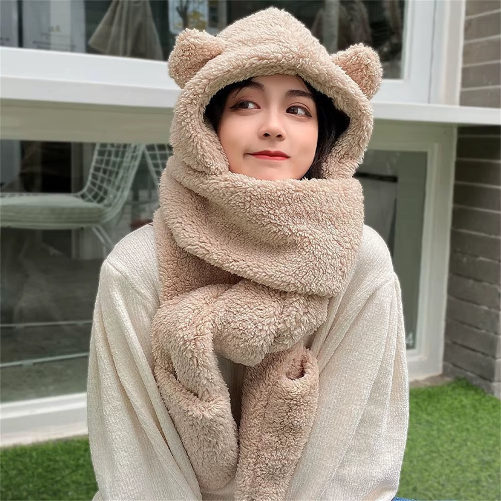 Women Girls Hat Scarf Gloves Set 3-In-1 Cartoon Cute Warm Hooded Scarf Winter Gloves Plush Hoodie Earflap Hat