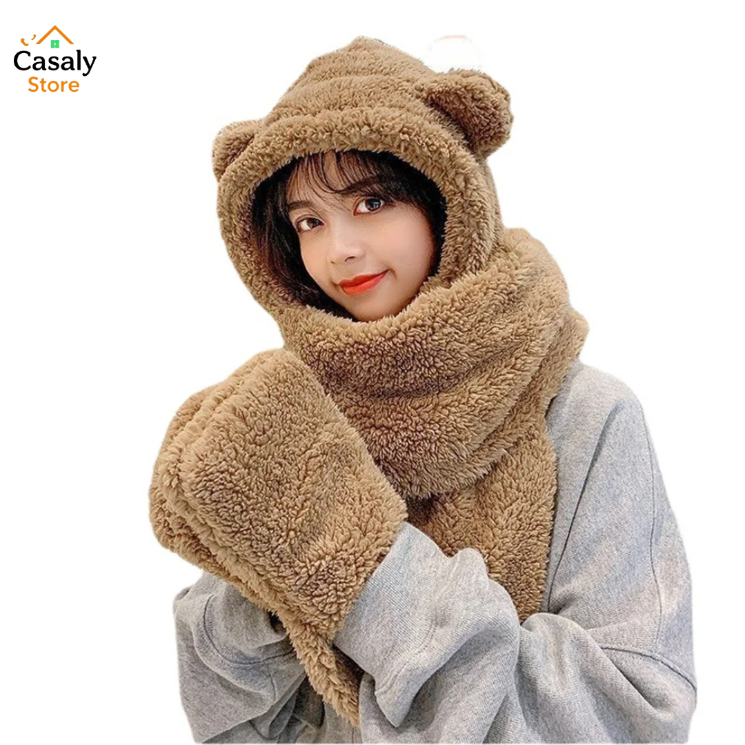 3-In-1 Cute Warm Hooded Scarf Winter Gloves Plush Hoodie Earflap Hat