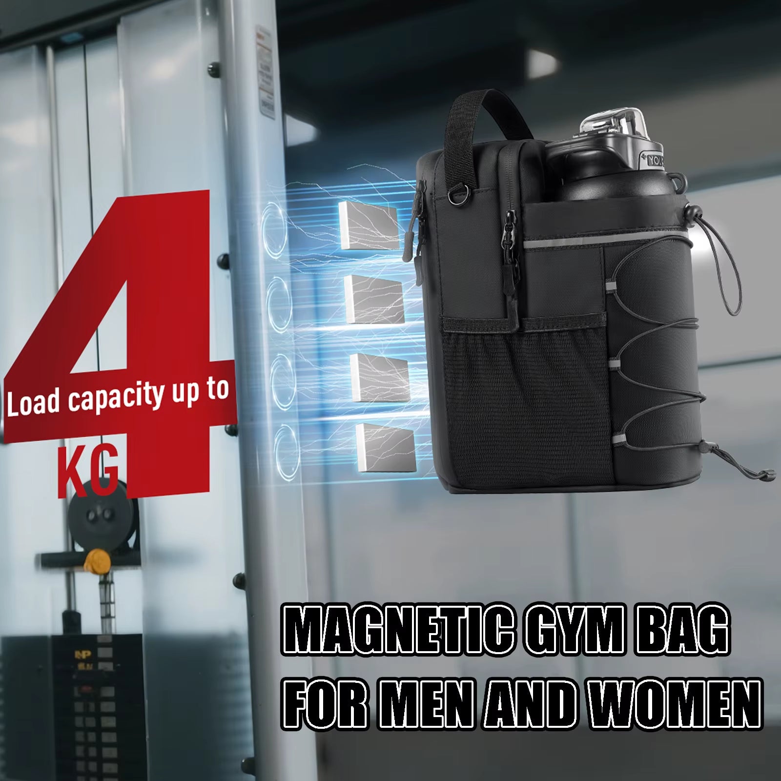 Magnetic Gym Bag for Men and Women, Magnetic Sling Pocket Bottle Holder with 4 Strong Magnets Portable Gym Bags for 64 Oz Mug