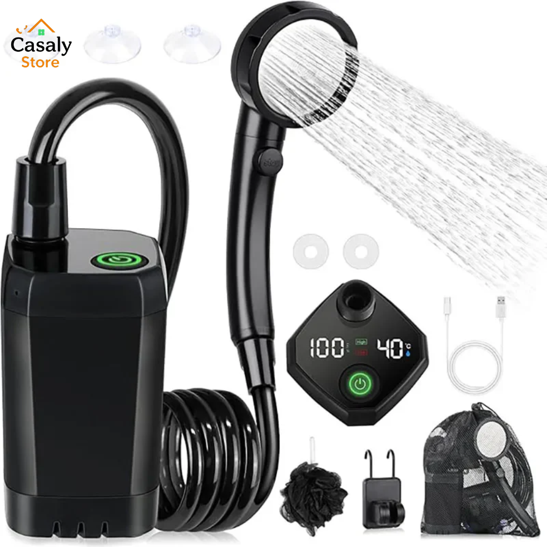 Portable Camping Shower with 6000mAh Rechargeable Battery, Electric Pump, Shower Head, and Smart LED Display.