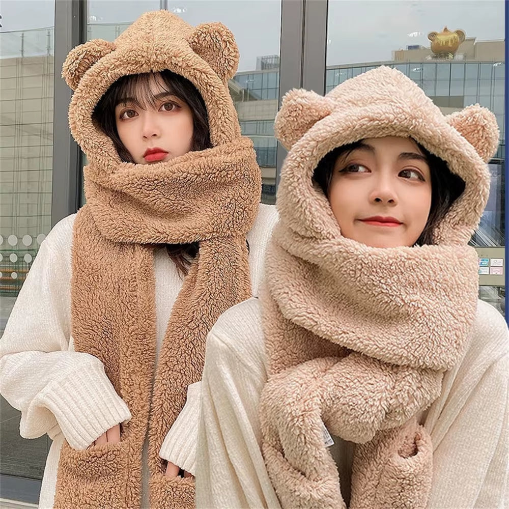 Women Girls Hat Scarf Gloves Set 3-In-1 Cartoon Cute Warm Hooded Scarf Winter Gloves Plush Hoodie Earflap Hat