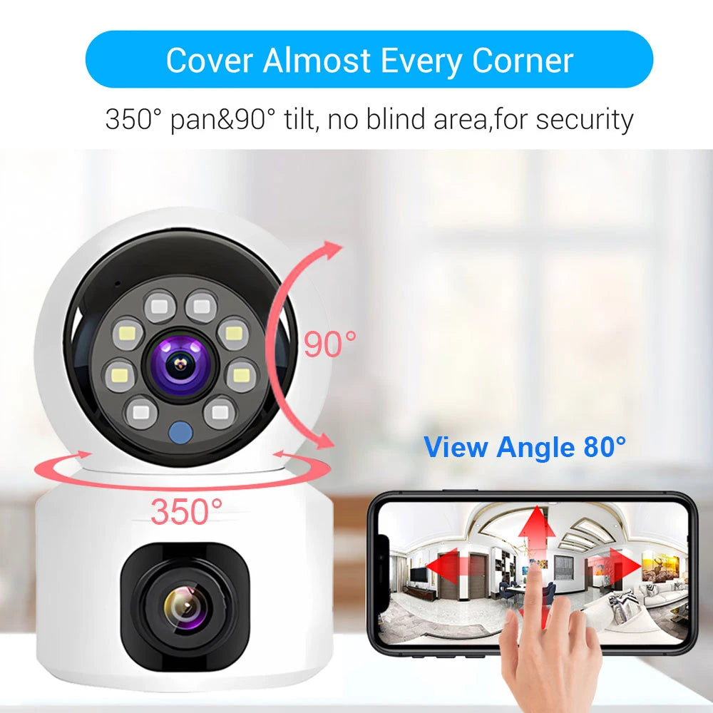 Pro Dual Lens 8MP WIFI Security Camera – Smart Wireless Indoor CCTV with Two-Way Audio for Home Protection