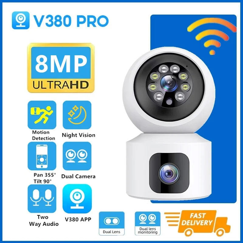 Pro Dual Lens 8MP WIFI Security Camera – Smart Wireless Indoor CCTV with Two-Way Audio for Home Protection