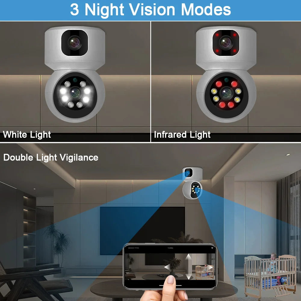 Pro Dual Lens 8MP WIFI Security Camera – Smart Wireless Indoor CCTV with Two-Way Audio for Home Protection
