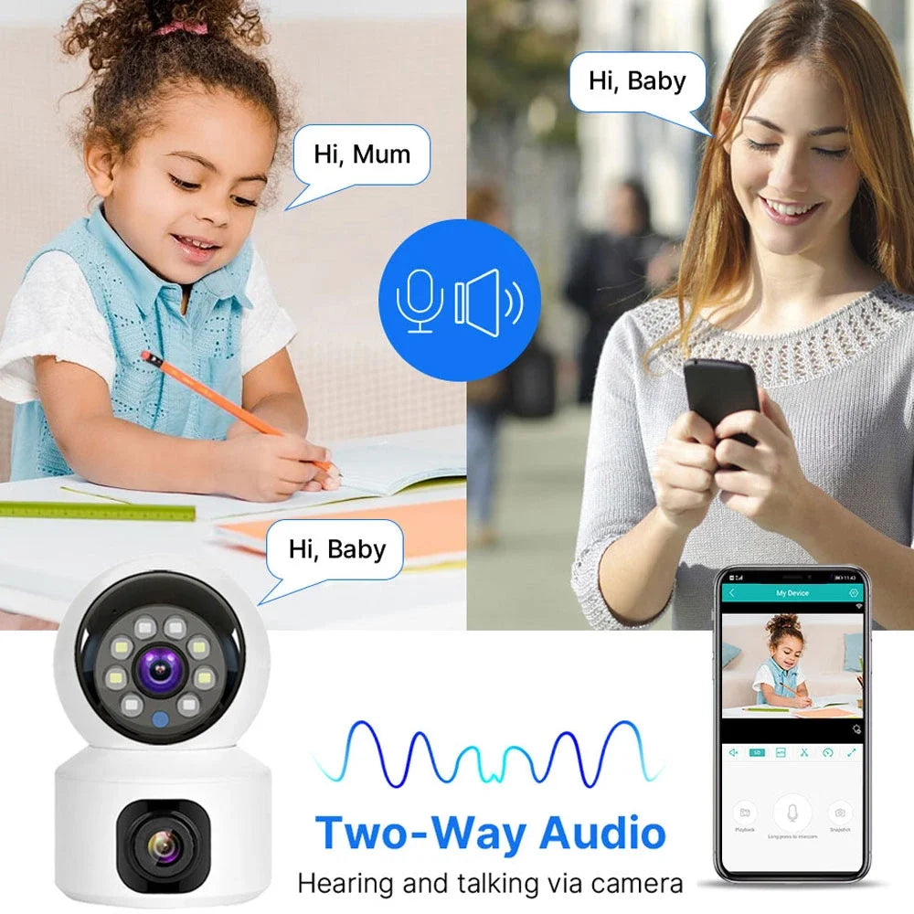 Pro Dual Lens 8MP WIFI Security Camera – Smart Wireless Indoor CCTV with Two-Way Audio for Home Protection