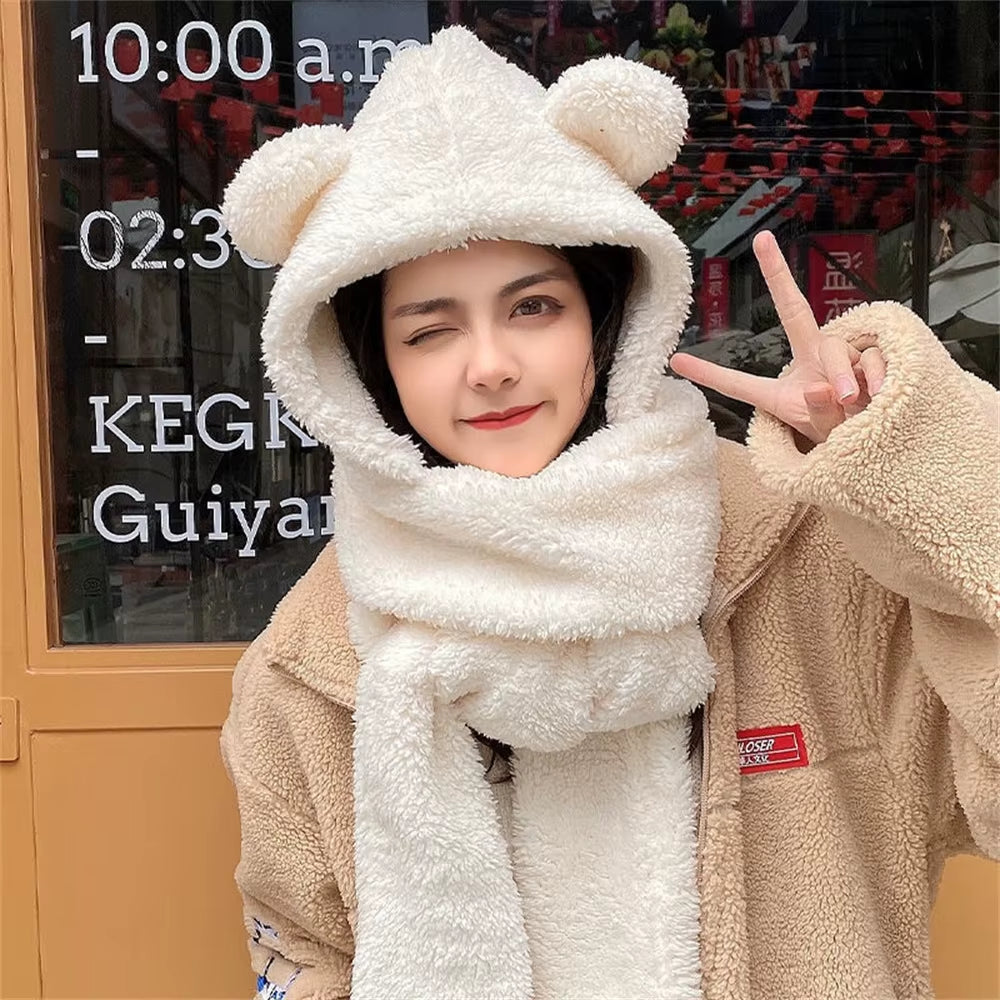 Women Girls Hat Scarf Gloves Set 3-In-1 Cartoon Cute Warm Hooded Scarf Winter Gloves Plush Hoodie Earflap Hat
