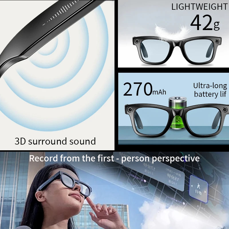 AI Smart Glasses with 800W HD Video Sport Sunglasses Bluetooth Call Voice Assistant Music Player Smart Glasse for Men Women