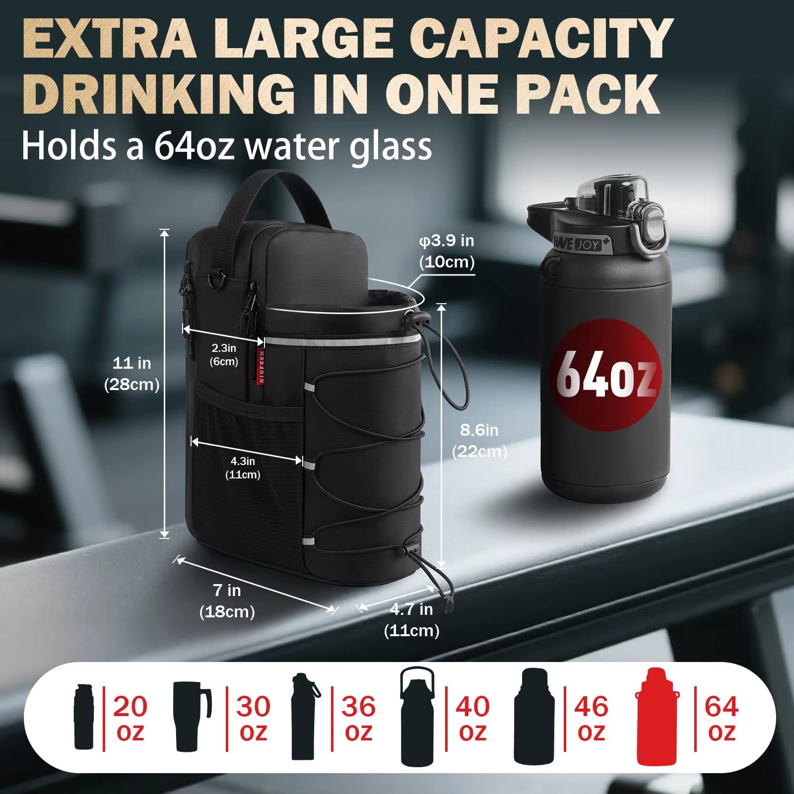 Magnetic Gym Bag for Men and Women, Magnetic Sling Pocket Bottle Holder with 4 Strong Magnets Portable Gym Bags for 64 Oz Mug