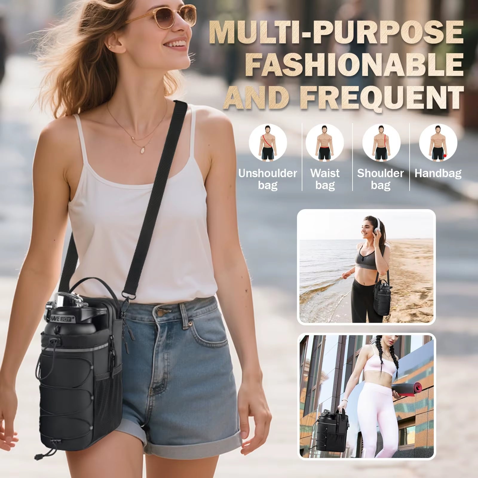 Magnetic Gym Bag for Men and Women, Magnetic Sling Pocket Bottle Holder with 4 Strong Magnets Portable Gym Bags for 64 Oz Mug