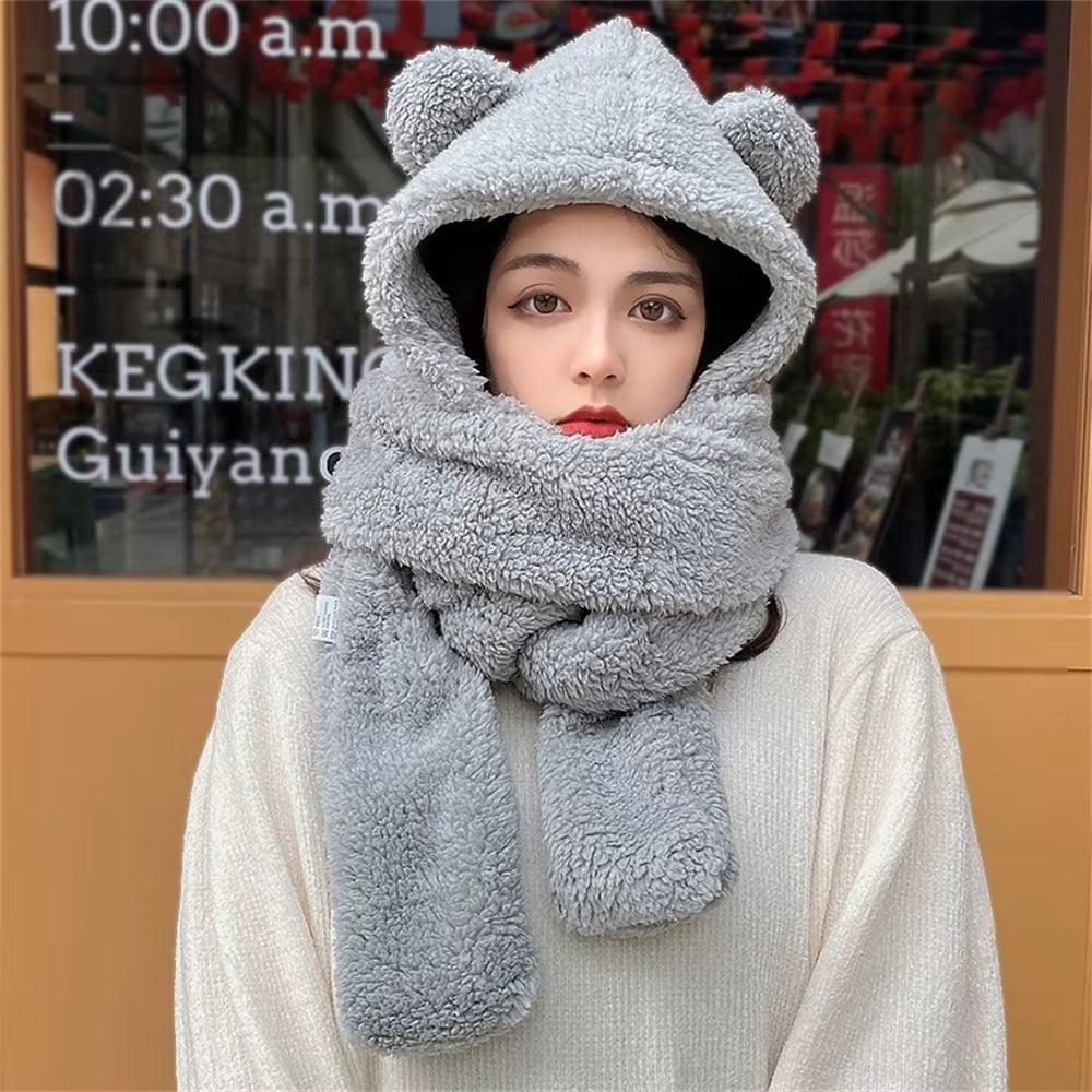 Women Girls Hat Scarf Gloves Set 3-In-1 Cartoon Cute Warm Hooded Scarf Winter Gloves Plush Hoodie Earflap Hat
