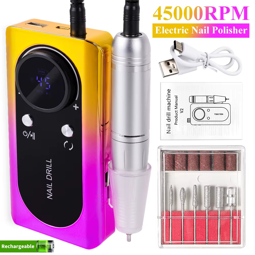 Professional 45000RPM Electric Portable Nail Drill Machine Rechargeable Low Noise Nail Sander File for Manicure Salon Tool