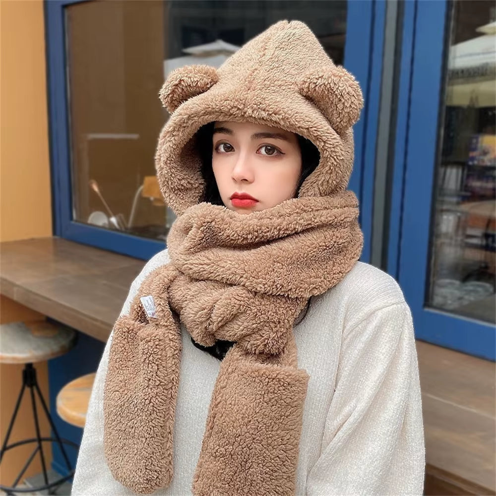 Women Girls Hat Scarf Gloves Set 3-In-1 Cartoon Cute Warm Hooded Scarf Winter Gloves Plush Hoodie Earflap Hat
